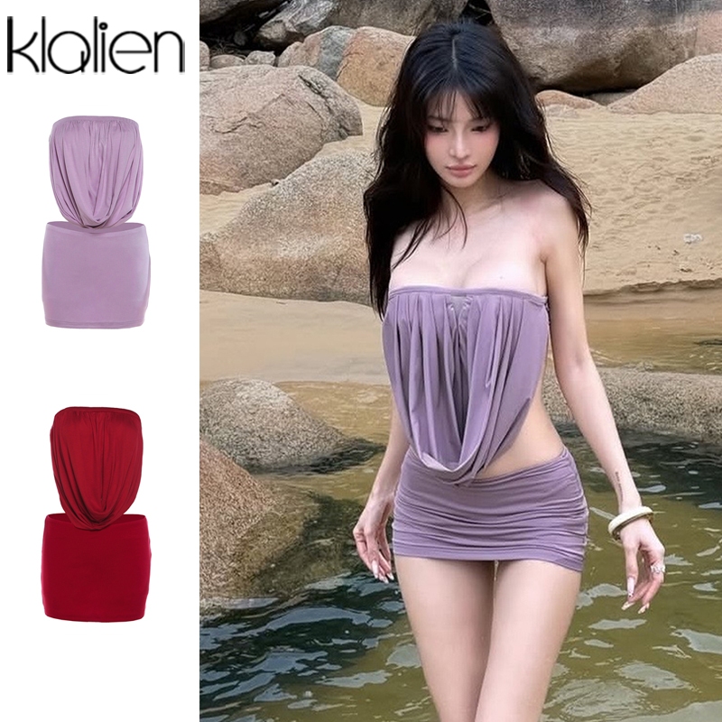 Klalien Váy Phù Hợp Với Gợi Cảm Quấn Ngực Không Lưng Hông Viền Cao Cấp Nữ Mùa Hè Hawaii Kỳ Nghỉ Cay Cô Gái Phong Cách
