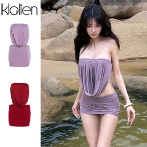 Klalien Váy Phù Hợp Với Gợi Cảm Quấn Ngực Không Lưng Hông Viền Cao Cấp Nữ Mùa Hè Hawaii Kỳ Nghỉ Cay Cô Gái Phong Cách