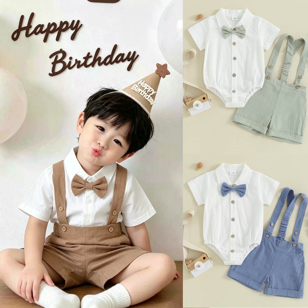 Baga-0-24 tháng tuổi Bộ quần áo quý ông bé trai màu trơn Áo liền quần ngắn tay có dây buộc nơ và quần yếm Quần Short mặc trang trọng
