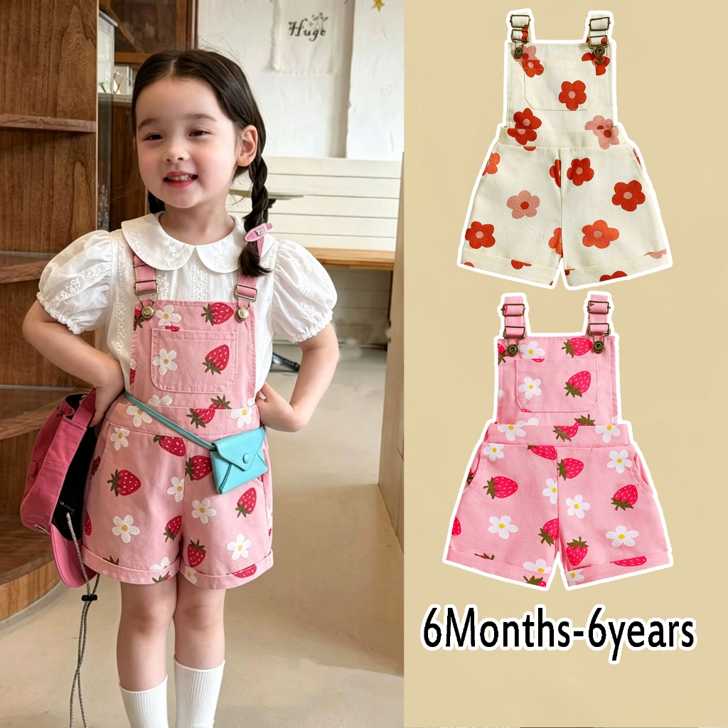 Baga-6m-6y Trẻ Em Bé Gái Denim Áo Liền Quần Hoa Không Tay / Dâu In Quần Short Suspender Cho Bé
