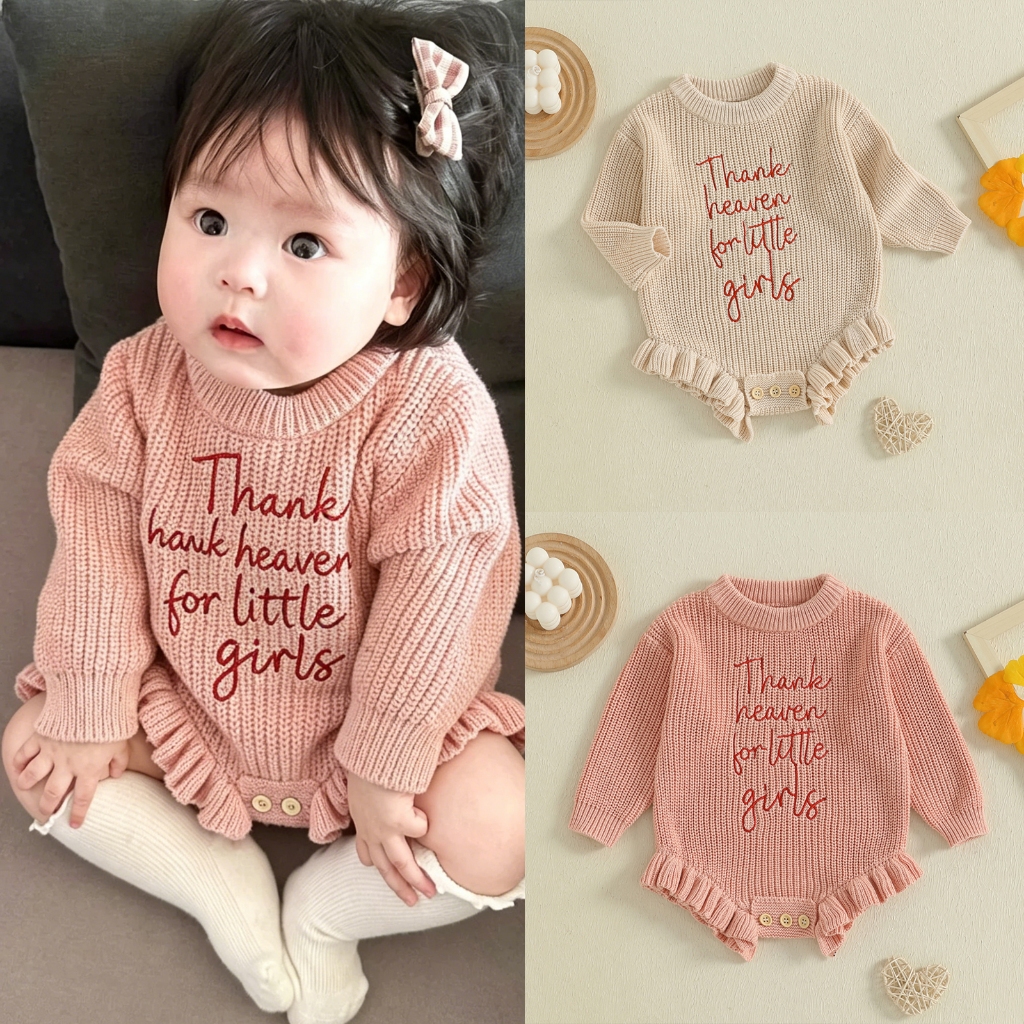 / / -Baby Bé Gái Áo Len Rompers Họa Tiết Chữ Ruffles Cổ Tròn Dài Tay Mùa Thu Body Jumpsuits