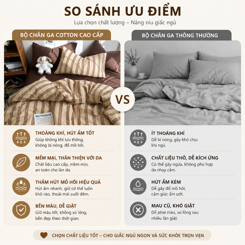 Sẵn Hàng, Freeship - Combo 4 Món: Vỏ Chăn, Ga Bọc & 2 Vỏ Gối Sọc Kẻ Nâu Be, Thoáng Khí Dễ Chịu