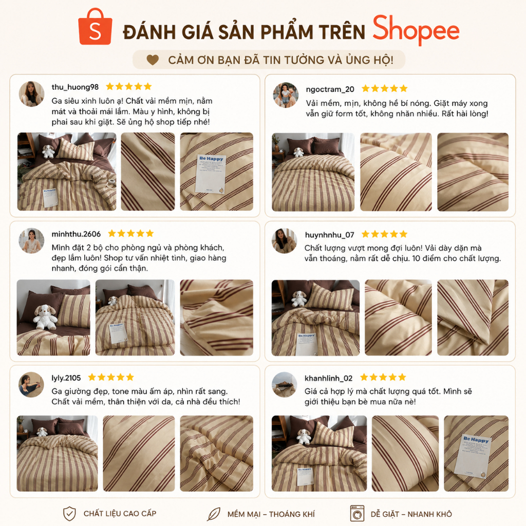 Sẵn Hàng, Freeship - Combo 4 Món: Vỏ Chăn, Ga Bọc & 2 Vỏ Gối Sọc Kẻ Nâu Be, Thoáng Khí Dễ Chịu