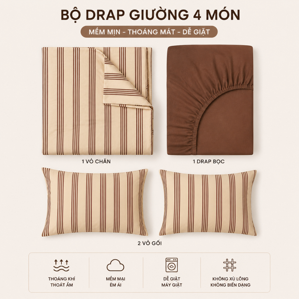 Sẵn Hàng, Freeship - Combo 4 Món: Vỏ Chăn, Ga Bọc & 2 Vỏ Gối Sọc Kẻ Nâu Be, Thoáng Khí Dễ Chịu