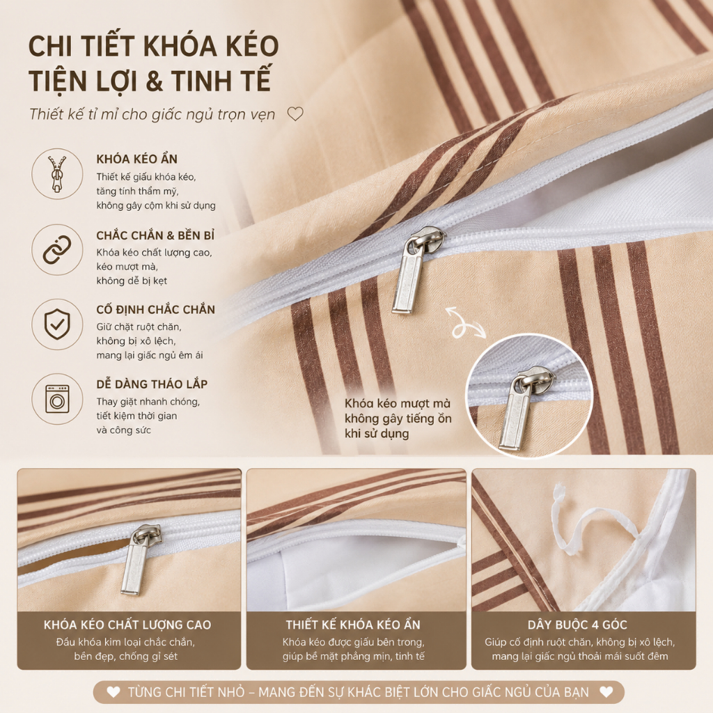 Sẵn Hàng, Freeship - Combo 4 Món: Vỏ Chăn, Ga Bọc & 2 Vỏ Gối Sọc Kẻ Nâu Be, Thoáng Khí Dễ Chịu