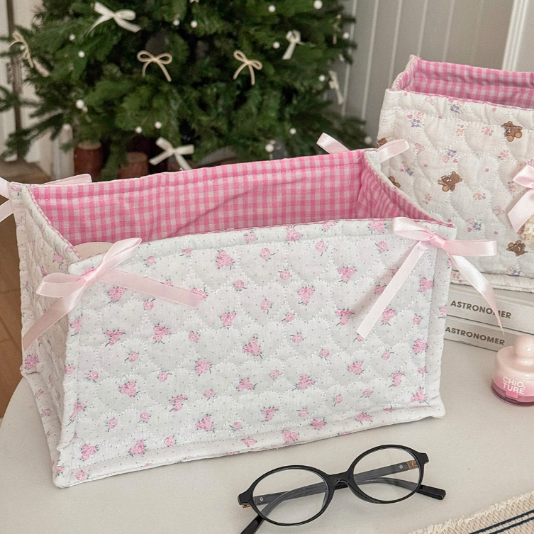 Giỏ lưu trữ vải khâu chỉ ô hoa hình chữ nhật trái tim để bàn đựng mỹ phẩm sách vật dụng linh tinh