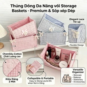 Giỏ lưu trữ vải khâu chỉ ô hoa hình chữ nhật trái tim để bàn đựng mỹ phẩm sách vật dụng linh tinh