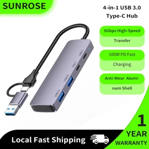 Hub 4 cổng Sunrose USB 3.0 / Type-C, Bộ chuyển đổi giao diện 2 trong 1, Hộp số nhanh 5Gbps, Sạc PD 100W, Vỏ hợp kim nhôm chắc chắn, Không cần trình điều khiển, Cắm & Chạy, cho máy tính xách tay, Des