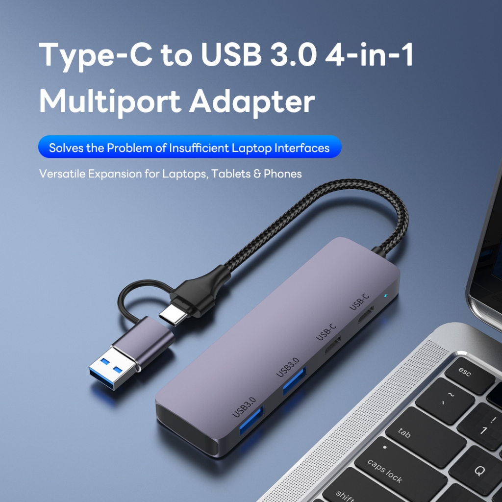 Hub 4 cổng Sunrose USB 3.0 / Type-C, Bộ chuyển đổi giao diện 2 trong 1, Hộp số nhanh 5Gbps, Sạc PD 100W, Vỏ hợp kim nhôm chắc chắn, Không cần trình điều khiển, Cắm & Chạy, cho máy tính xách tay, Des