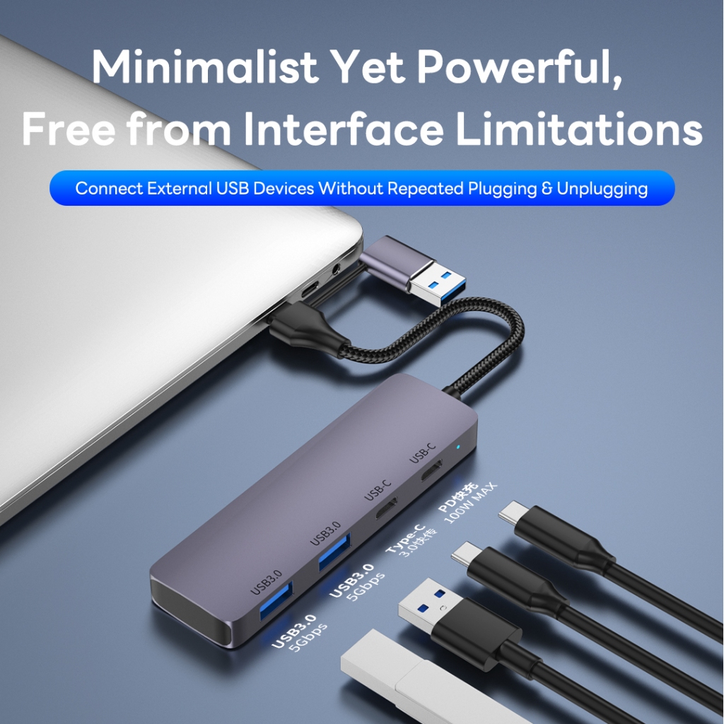 Hub 4 cổng Sunrose USB 3.0 / Type-C, Bộ chuyển đổi giao diện 2 trong 1, Hộp số nhanh 5Gbps, Sạc PD 100W, Vỏ hợp kim nhôm chắc chắn, Không cần trình điều khiển, Cắm & Chạy, cho máy tính xách tay, Des