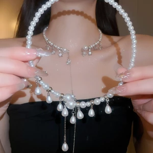 Vòng cổ choker nữ ngọc trai giả màu bạc hình giọt nước & sao tua rua dài điều chỉnh được - Trang sức thanh lịch phù hợp tiệc cô dâu & buổi tối