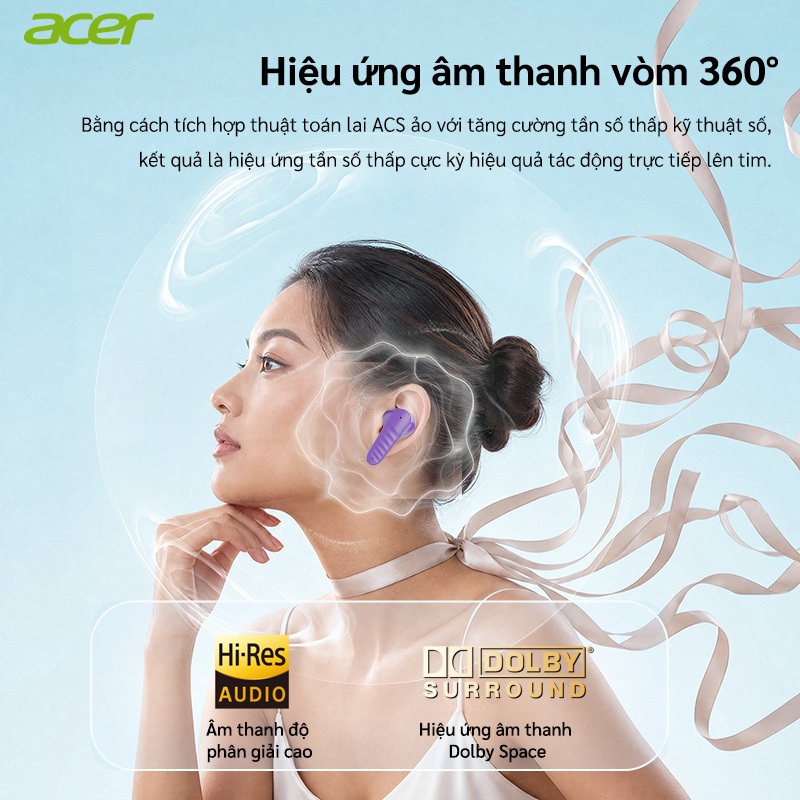 Tai nghe Bluetooth Acer OHR503TWS Esports Space Dome Hiệu ứng âm thanh Cuộc gọi Giảm tiếng ồn ENC Độ trễ Bluetooth siêu thấp... 5.4