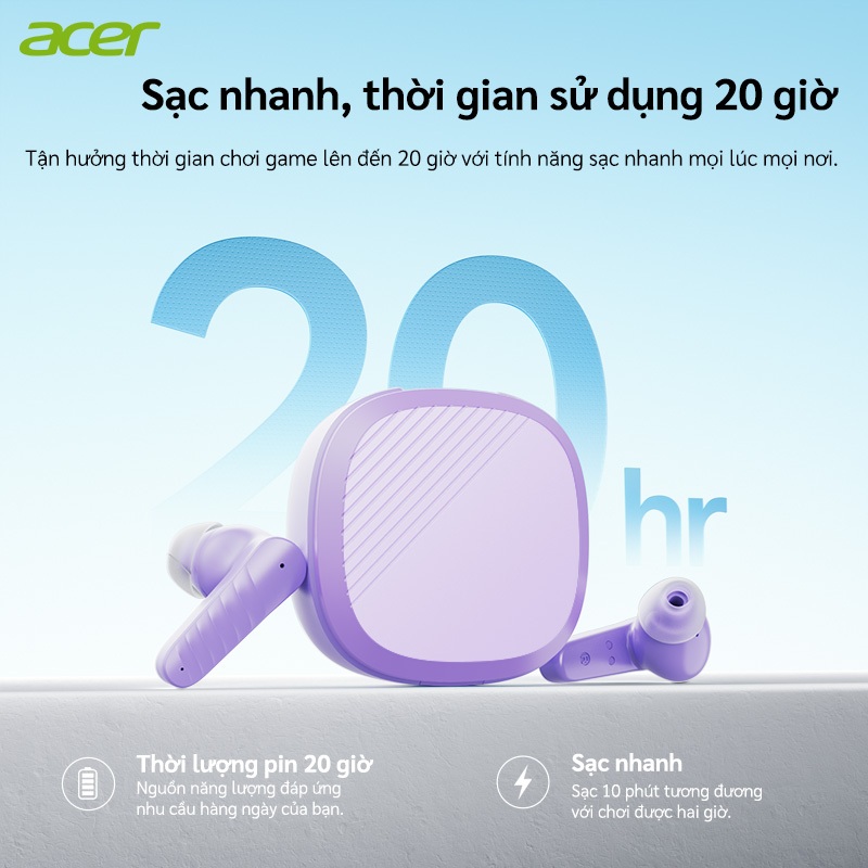 Tai nghe Bluetooth Acer OHR503TWS Esports Space Dome Hiệu ứng âm thanh Cuộc gọi Giảm tiếng ồn ENC Độ trễ Bluetooth siêu thấp... 5.4
