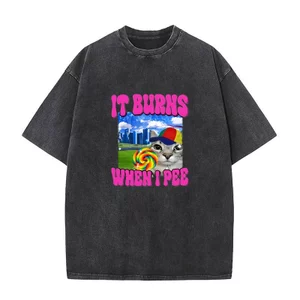 Nó Bỏng Khi Tôi Đi Tiểu Mèo Ngộ nghĩnh Meme Đồ Họa Áo Thun Nam Nữ Thời Trang Hip Hop Cotton Rửa Vintage Tay Ngắn Quá Khổ Áo Thun Dạo Phố