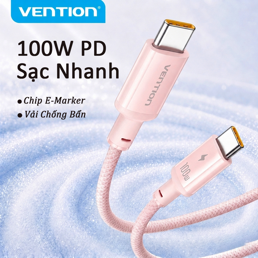 Cáp Sạc Vention 100W PD USB-C 1m - Sạc Siêu Tốc, Vải Chống Bẩn, Chip E-Marker - Cho iPhone/MacBook/iPad/Samsung/Xiaomi - Chính Hãng