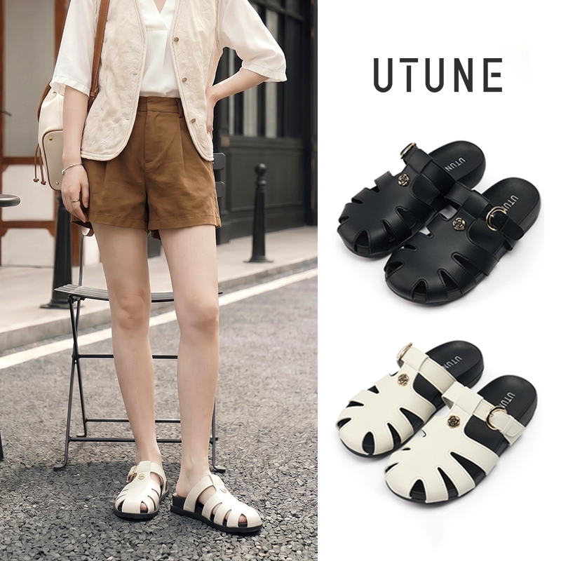 UTUNE dép sandal mũi kín kiểu retro Boken xỏ một bước chất liệu PU thoáng khí có khóa điều chỉnh đế bệt chống trơn đi biển