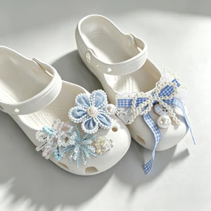Phong Cách Dễ Thương Nơ Xanh Họa Tiết Giày Quyến Rũ 10 Chiếc Sandal Nữ Trang Trí Nút DIY Phụ Kiện Giày Bộ