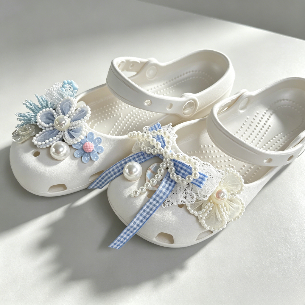 Phong Cách Dễ Thương Nơ Xanh Họa Tiết Giày Quyến Rũ 10 Chiếc Sandal Nữ Trang Trí Nút DIY Phụ Kiện Giày Bộ