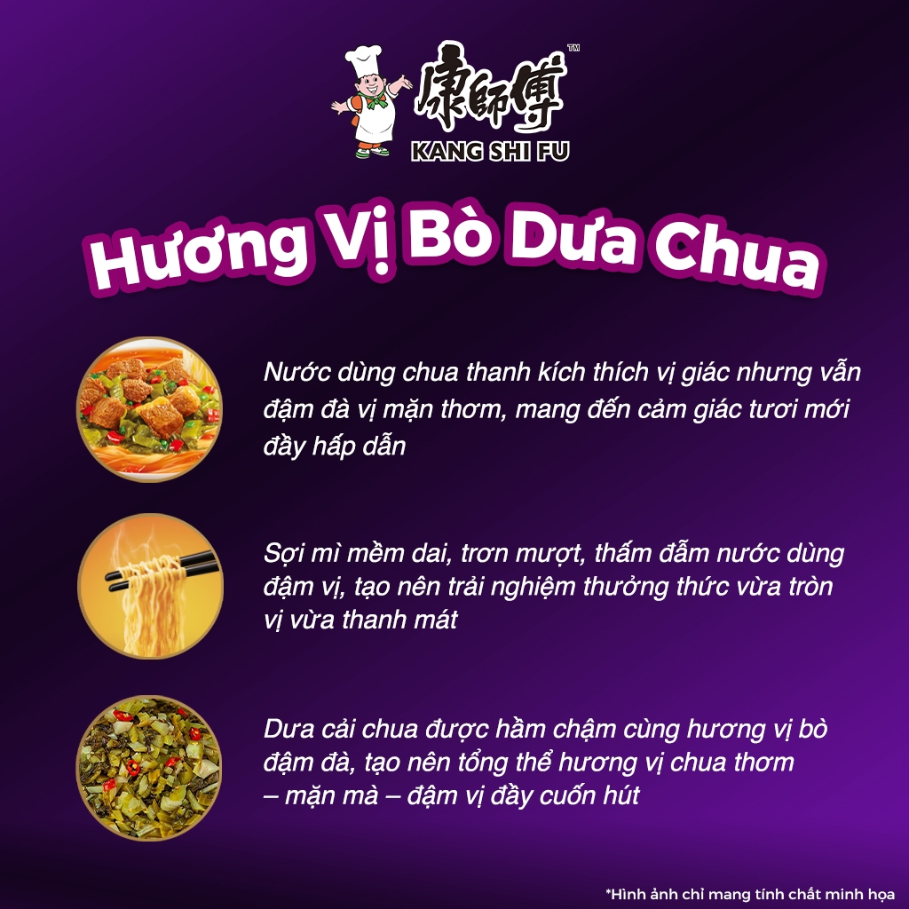 Mì hộp KANG SHI FU vị bò dưa cải chua,  Nước dùng đậm đà, thơm ngon hấp dẫn, 101g/hộp