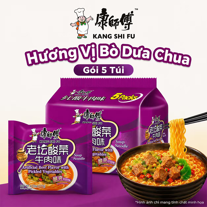 Lốc 5 gói mì ăn liền KANG SHI FU vị bò dưa cải chua, Nước dùng đậm đà, thơm ngon hấp dẫn, 117g/gói