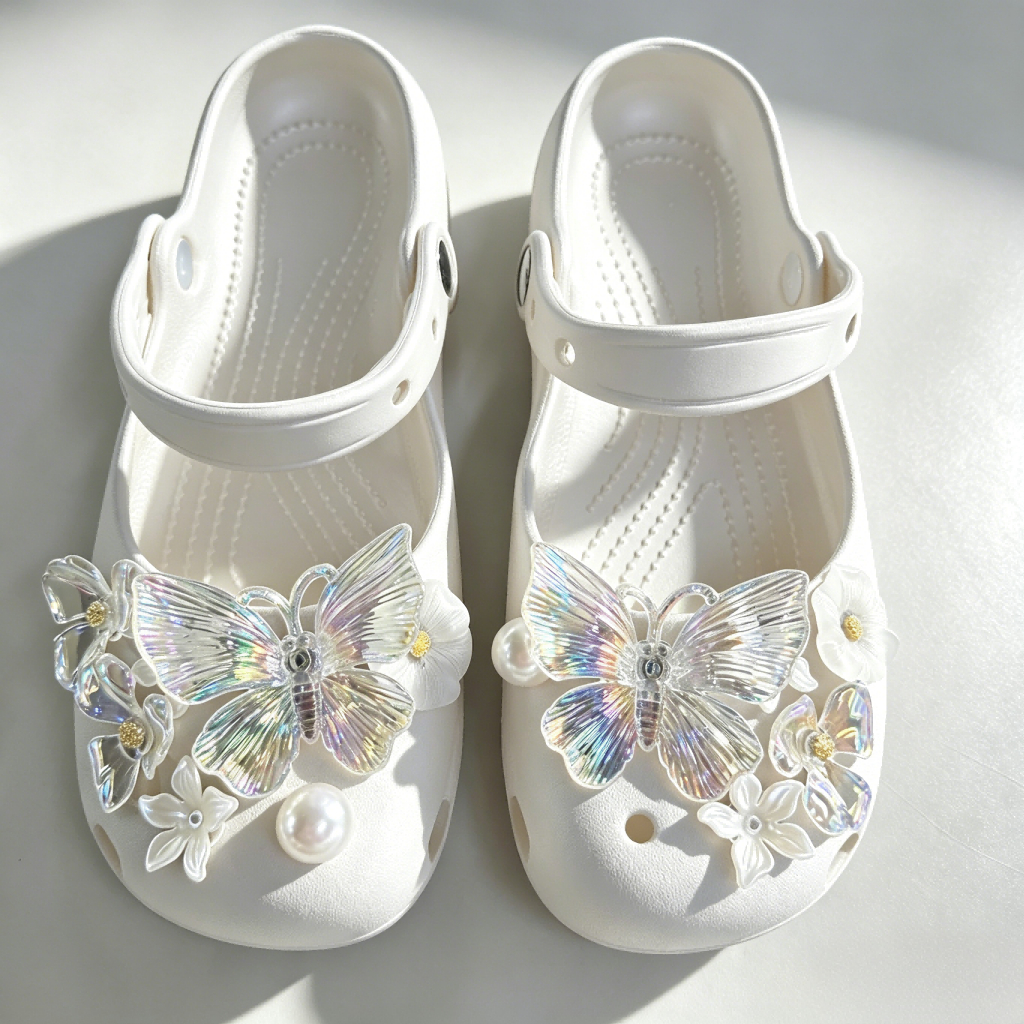 Phong Cách Công Chúa Bướm Trắng Họa Tiết Giày Quyến Rũ 14 Chiếc Sandal Nữ Trang Trí Nút DIY Phụ Kiện Giày Bộ