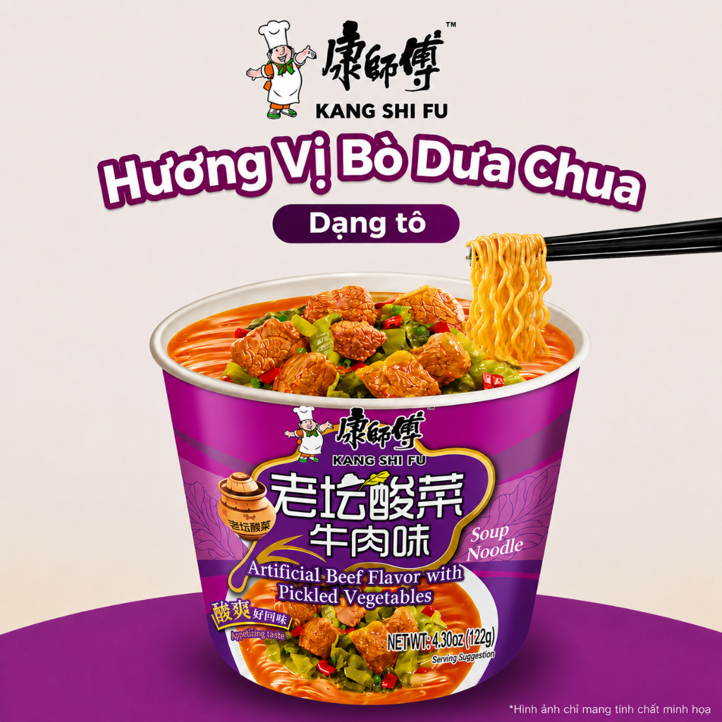 Mì hộp KANG SHI FU vị bò dưa cải chua,  Nước dùng đậm đà, thơm ngon hấp dẫn, 101g/hộp
