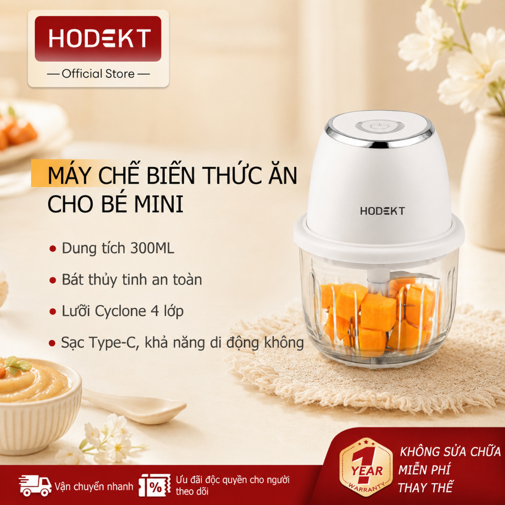 Máy Xay Ăn Dặm HODEKT 300ML 4 Lưỡi Dao Không Dây Chất Liệu Thủy Tinh Chịu Nhiệt Xay Nhuyễn Mịn 10 Giây