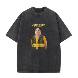 John Pork Is Calling Funny Meme Washed Vintage In Áo Nam Nữ Thời Trang Dạo Phố Áo Thun Mùa Hè 100% Cotton Quá Khổ Áo