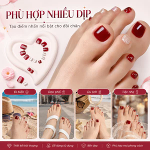 Móng Giả Móng Chân Phong Cách Rượu Vang Đỏ Lấp Lánh - Bộ 24 Miếng Dán Dễ Dàng, Tự Nhiên Như Thật