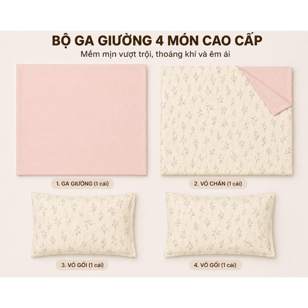✨Bộ chăn ga gối hoa Pastel 4 trong 1 mềm mại thoáng khí Tất cả các mùa được trang bị