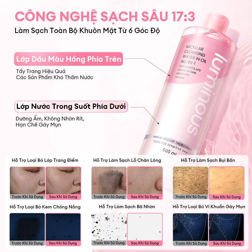 [ĐỘC QUYỀN 10.7] Combo 2 Nước Tẩy Trang Dầu Nước COLORKEY LUMINOUS Sạch Sâu & Không Cồn 500ml