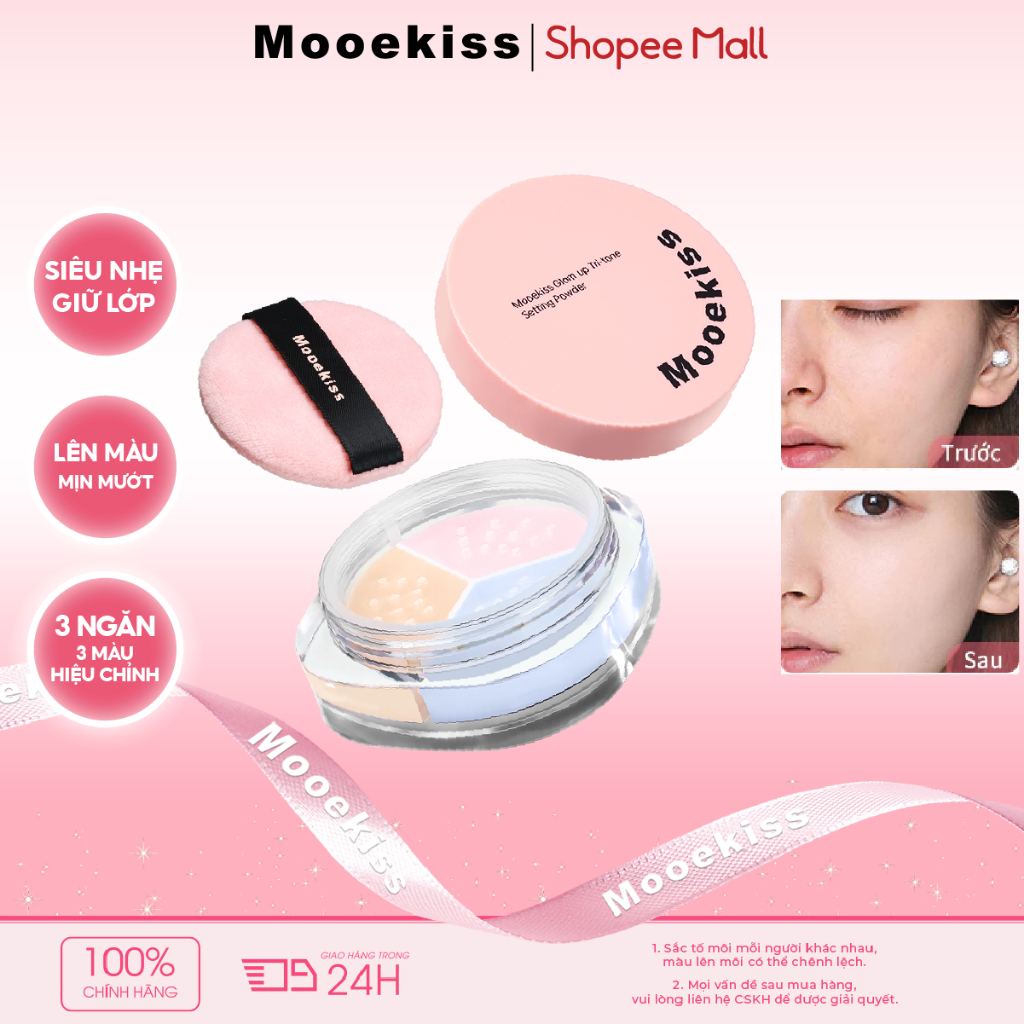 [Live] Bột rời 3 màu Mooekiss, Bột chống thấm & kiểm soát dầu mờ, Làm sáng & lâu trôi cho da khô & dầu