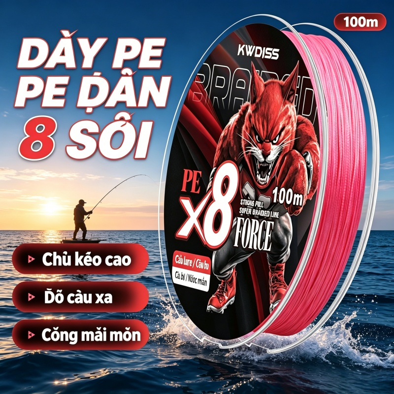 Dây PE 8 sợi dệt dày đặc 100 mét siêu bền kéo lớn chuyên câu lure, câu bờ, câu nước mặn