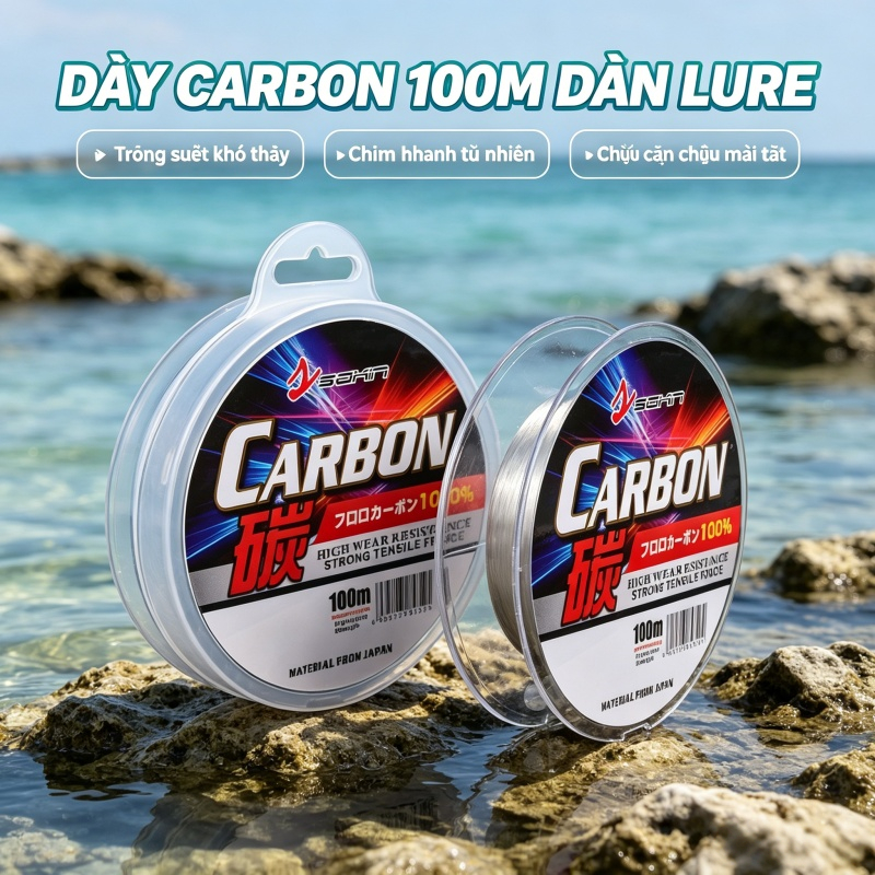 Dây carbon 100m trong suốt chịu cắn chịu mài tốt chìm nhanh chuyên làm dây dẫn câu lure gần bờ và câu cá biển
