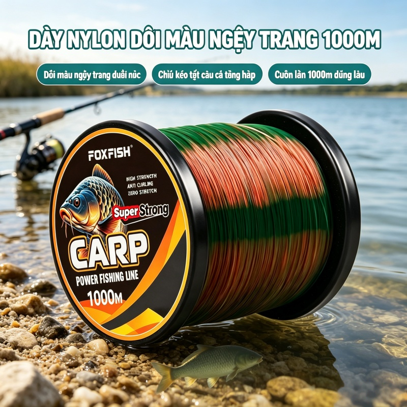 Dây nylon đổi màu ngụy trang 1000m chịu kéo bền chìm nhanh chuyên câu cá chép và câu tổng hợp hồ sông ngoài trời