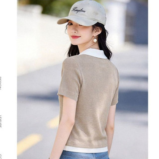 [MIZIQI] Áo thun ngắn tay thiết kế ve áo màu tương phản mùa hè dành cho nữ, Áo cổ chữ V đơn giản mùa