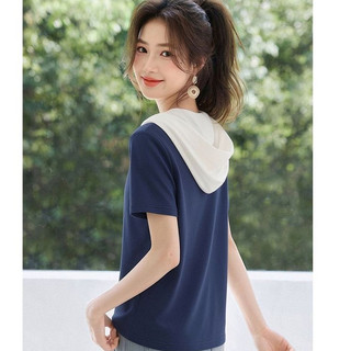 【MiZiQi】Áo thun có mũ trùm đầu cổ chữ V dành cho nữ, thiết kế áo thun ngắn tay hai mảnh giả