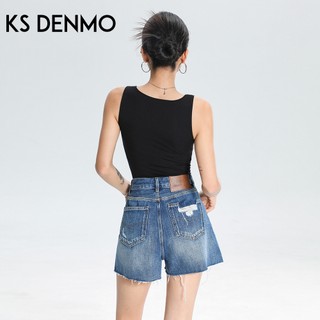 Dạo Phố Quần Short Rách Denim Frayed Màu Xanh Cho Nữ, Phong Cách Mới Xuân Hè