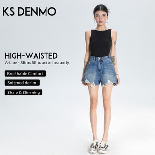 Dạo Phố Quần Short Rách Denim Frayed Màu Xanh Cho Nữ, Phong Cách Mới Xuân Hè