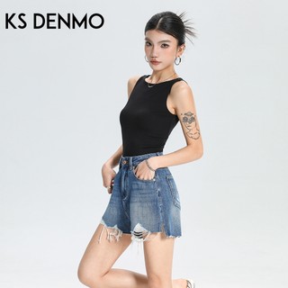 Dạo Phố Quần Short Rách Denim Frayed Màu Xanh Cho Nữ, Phong Cách Mới Xuân Hè