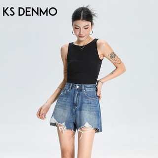 Dạo Phố Quần Short Rách Denim Frayed Màu Xanh Cho Nữ, Phong Cách Mới Xuân Hè