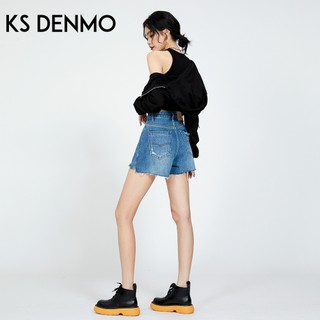 Rách chữ A Cạp cao Quần ngắn Denim dành cho nữ, dáng rộng phù hợp thời trang hàng ngày