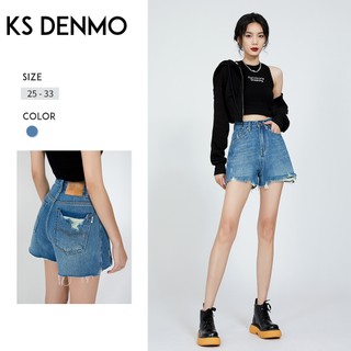 Rách chữ A Cạp cao Quần ngắn Denim dành cho nữ, dáng rộng phù hợp thời trang hàng ngày