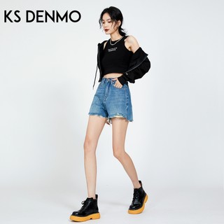Rách chữ A Cạp cao Quần ngắn Denim dành cho nữ, dáng rộng phù hợp thời trang hàng ngày