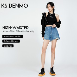Rách chữ A Cạp cao Quần ngắn Denim dành cho nữ, dáng rộng phù hợp thời trang hàng ngày