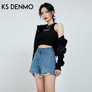 Rách chữ A Cạp cao Quần ngắn Denim dành cho nữ, dáng rộng phù hợp thời trang hàng ngày