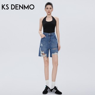 Mùa Hè Quần Short Denim Nữ Màu Xanh Đậm Rách, Phom Ôm, Thời Trang Hiện Đại