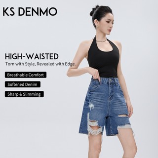 Mùa Hè Quần Short Denim Nữ Màu Xanh Đậm Rách, Phom Ôm, Thời Trang Hiện Đại