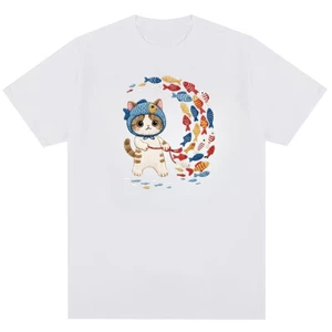 Mèo Bắt Cá Họa Tiết Vui Nhộn In Hình Thiết Kế Nam Nữ Thời Trang Cotton Nguyên Chất