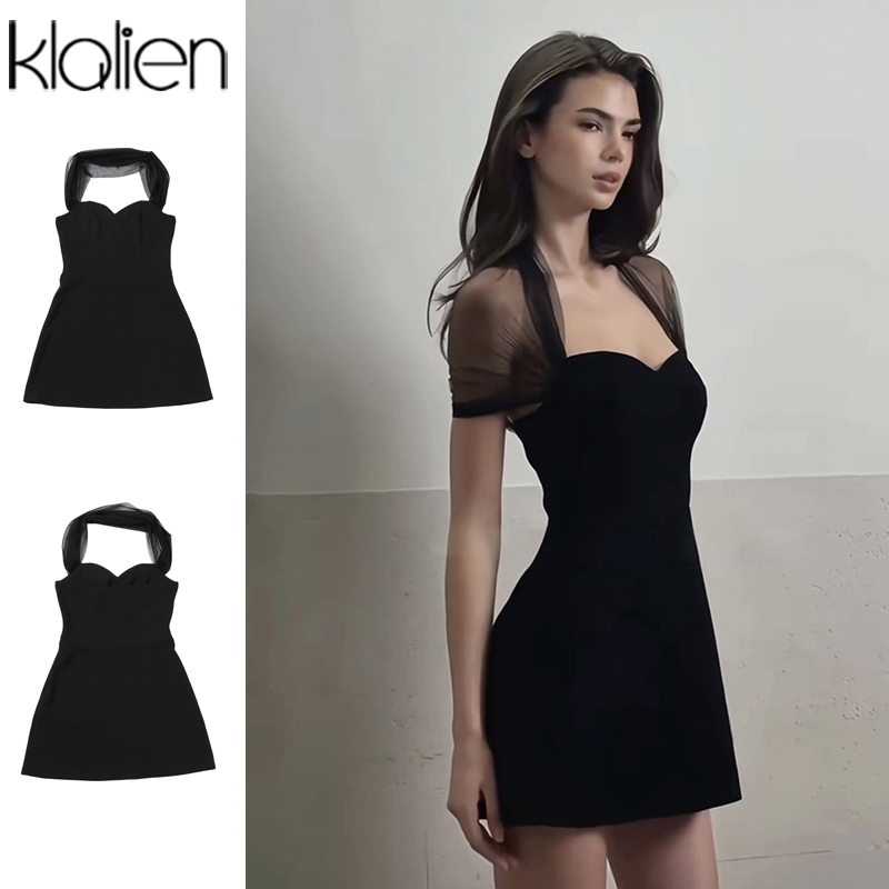 Klalien Đầm Nữ lưới chắp vá cổ vuông tay ngắn co giãn thanh lịch phù hợp dạ hội